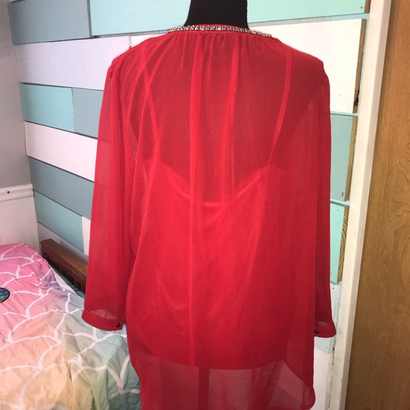 Liz Claiborne 3/4-Sleeve Embellished V- Neck Blouse Size XL. Red, Rhinestones - Picture 4 of 7